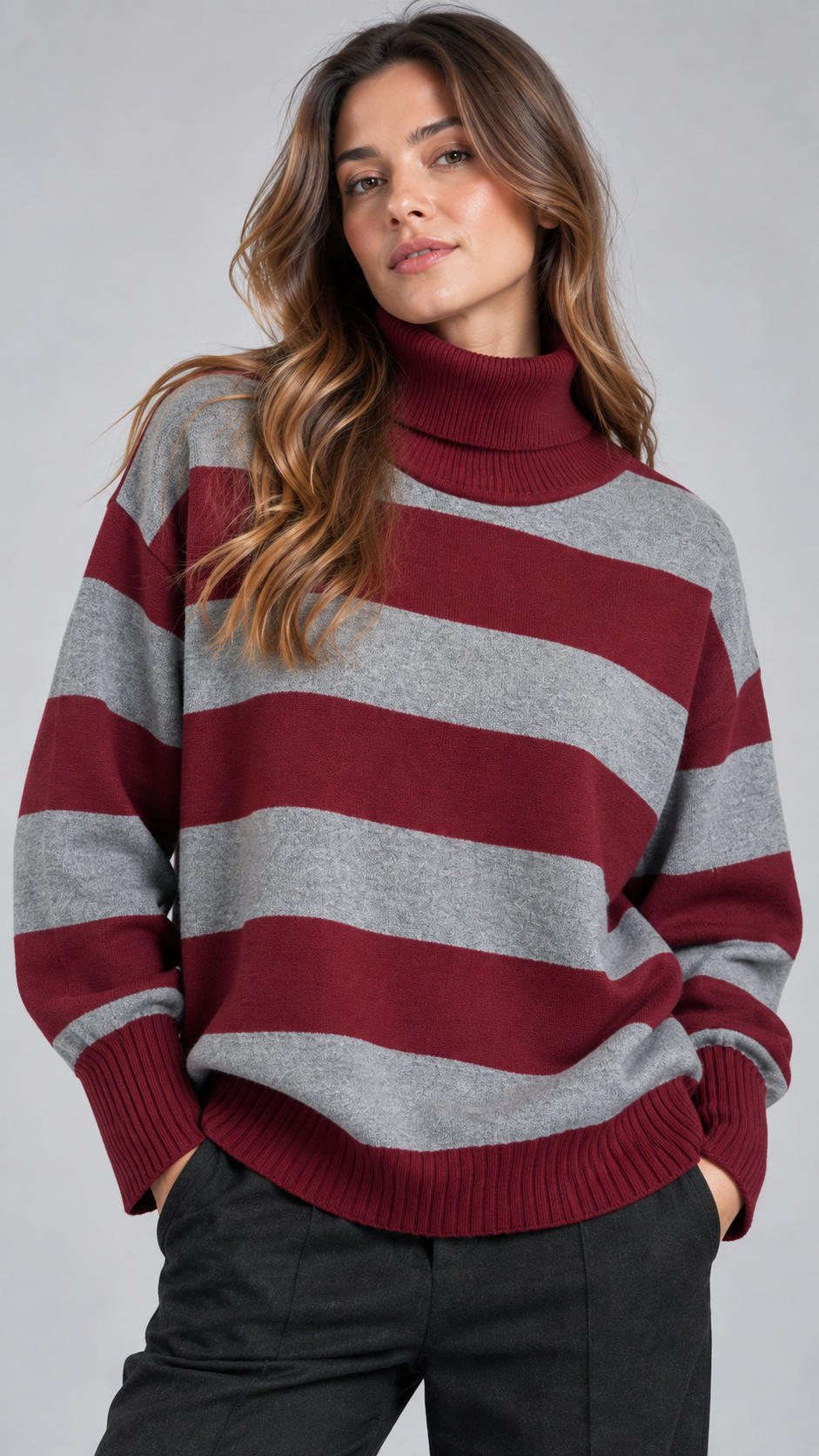 AFTER Maglia Collo Alto Righe Bordeaux