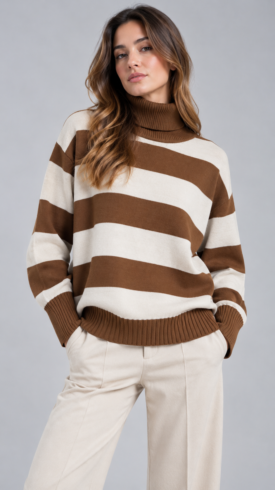 AFTER Maglia Collo Alto Righe Cammello
