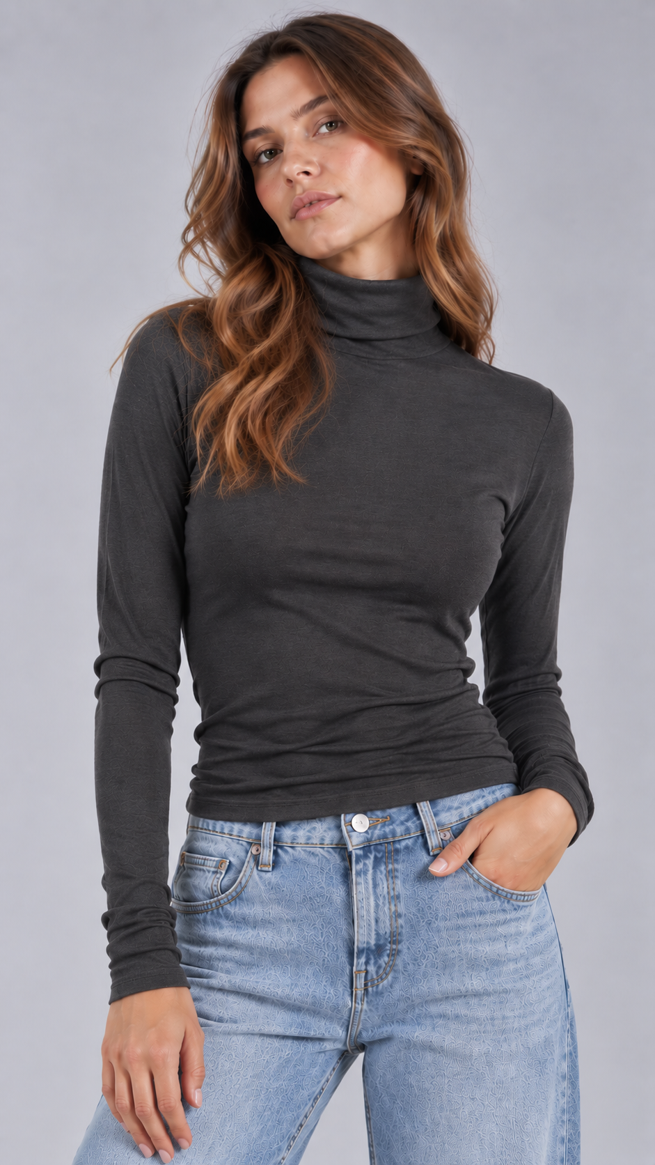 KIKISIX Maglia Fine Collo Alto Piombo
