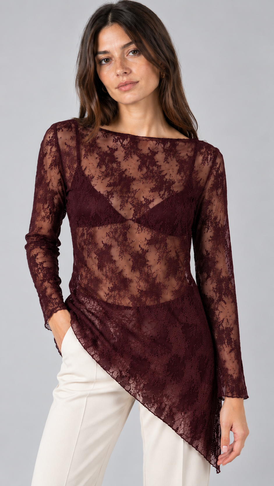AR Maglia Pizzo Asimmetrica Burgundi
