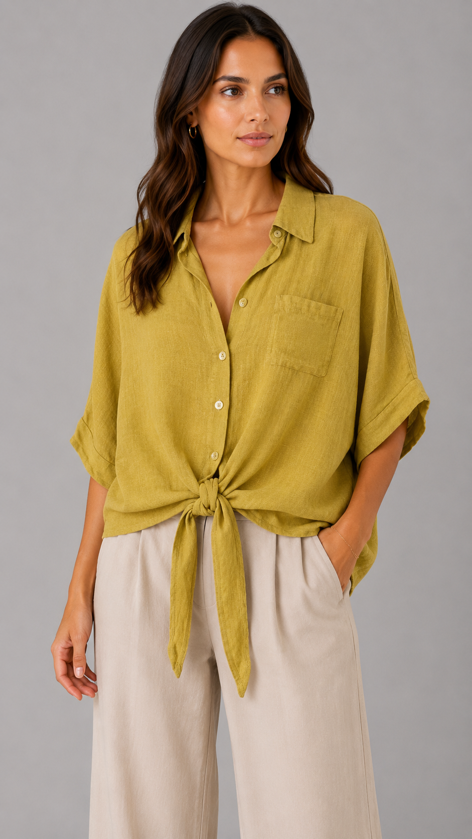 THODAMI Camicia Crop Lino Khaki