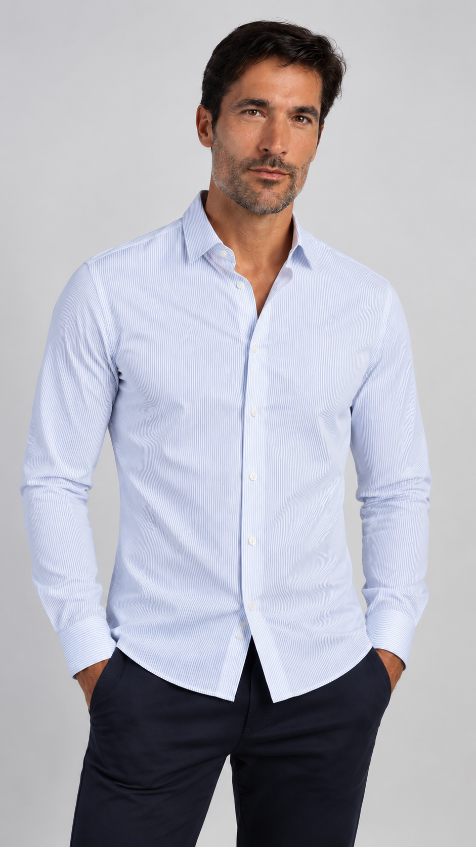 BOSTON Camicia Slim Fit Righe Bianche e Celesti