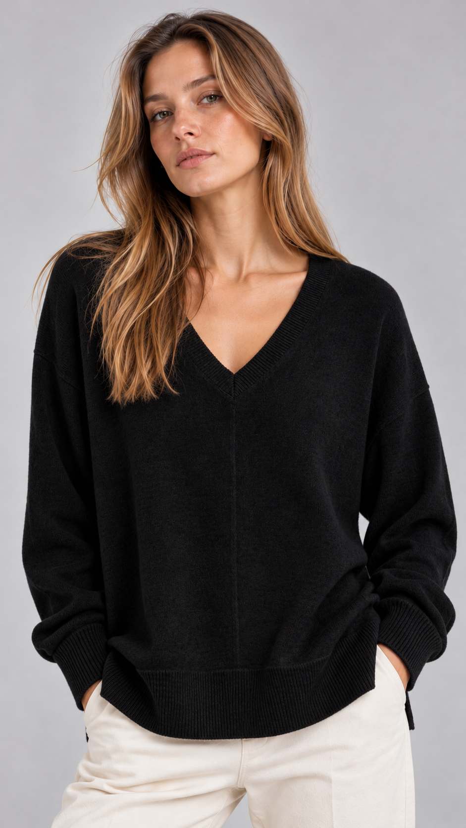 Maglia Scollo V Lana Merino Nera